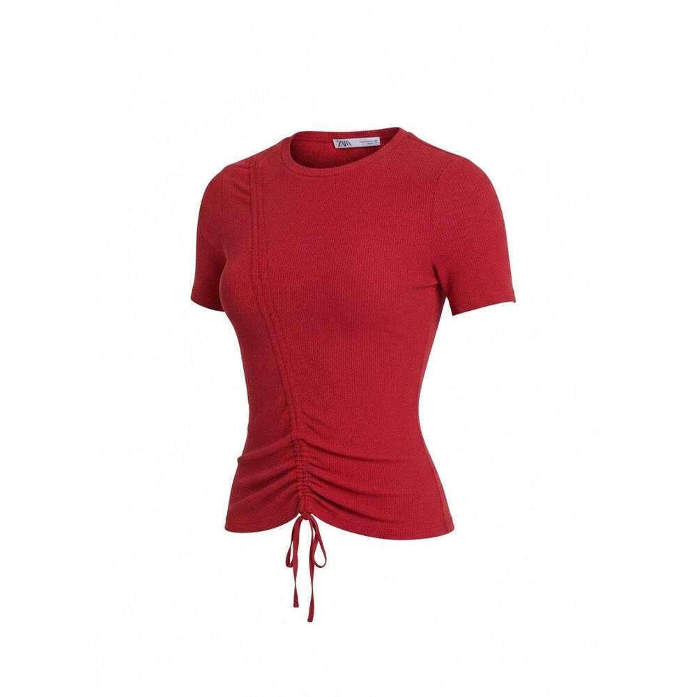 ZARA Red Short Sleeve Knit Top | Ruched Front Detail | Size Medium | Fitted Tee